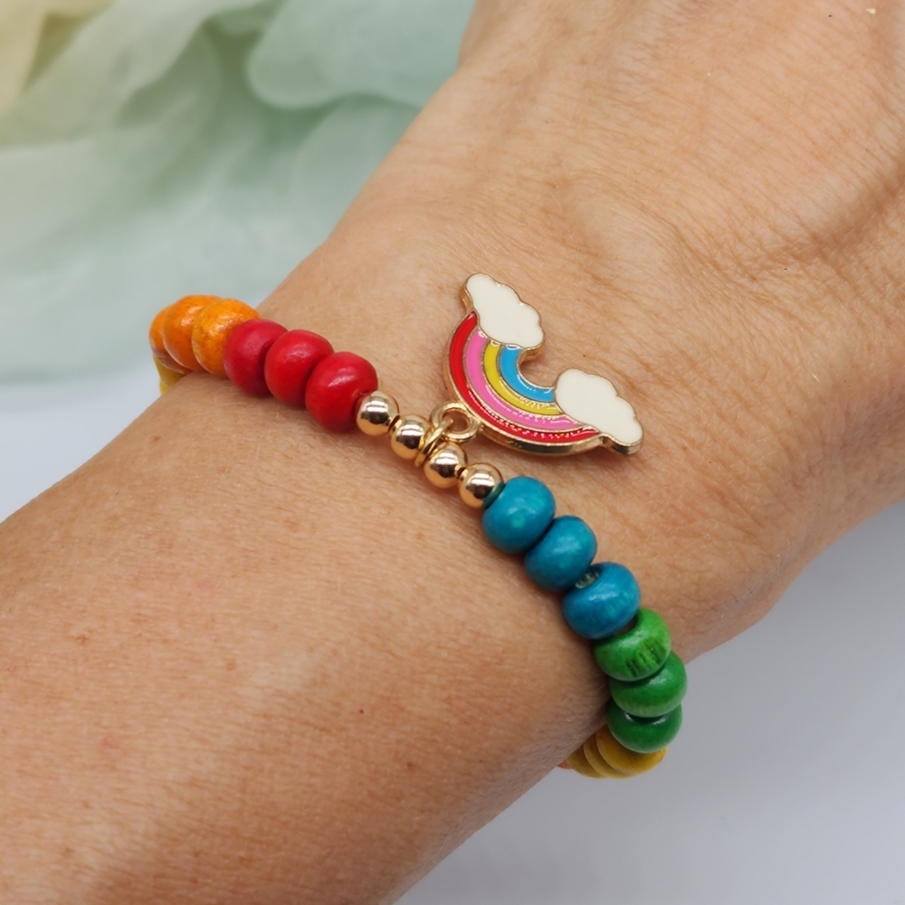 ❤️ Rainbow Wood 🌈 Bracelet Size 5 Hypoallergenic Lightweight Jewelry